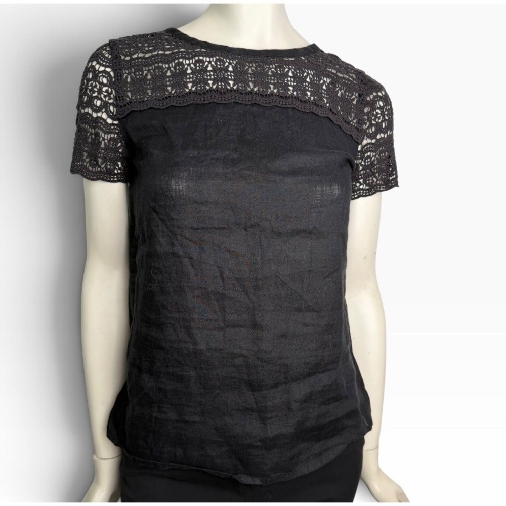 J. Crew Linen Crochet Blouse Short Sleeve Black Dark Romance Bohemian Sz 00